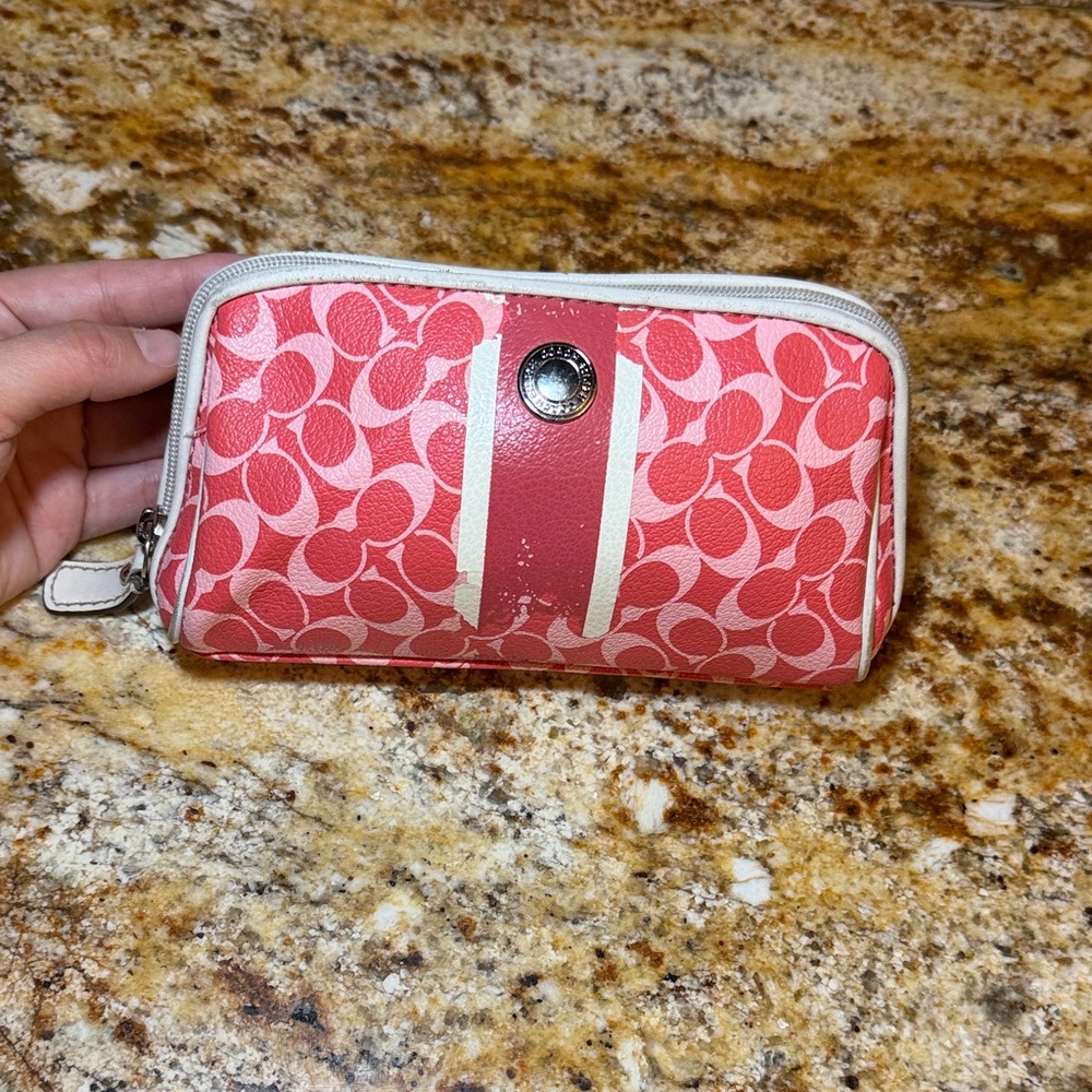 Coach Pink Signature Zip Wallet with White Trim